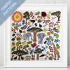 Framed fabric pattern with animals, trees, and plants on a white background