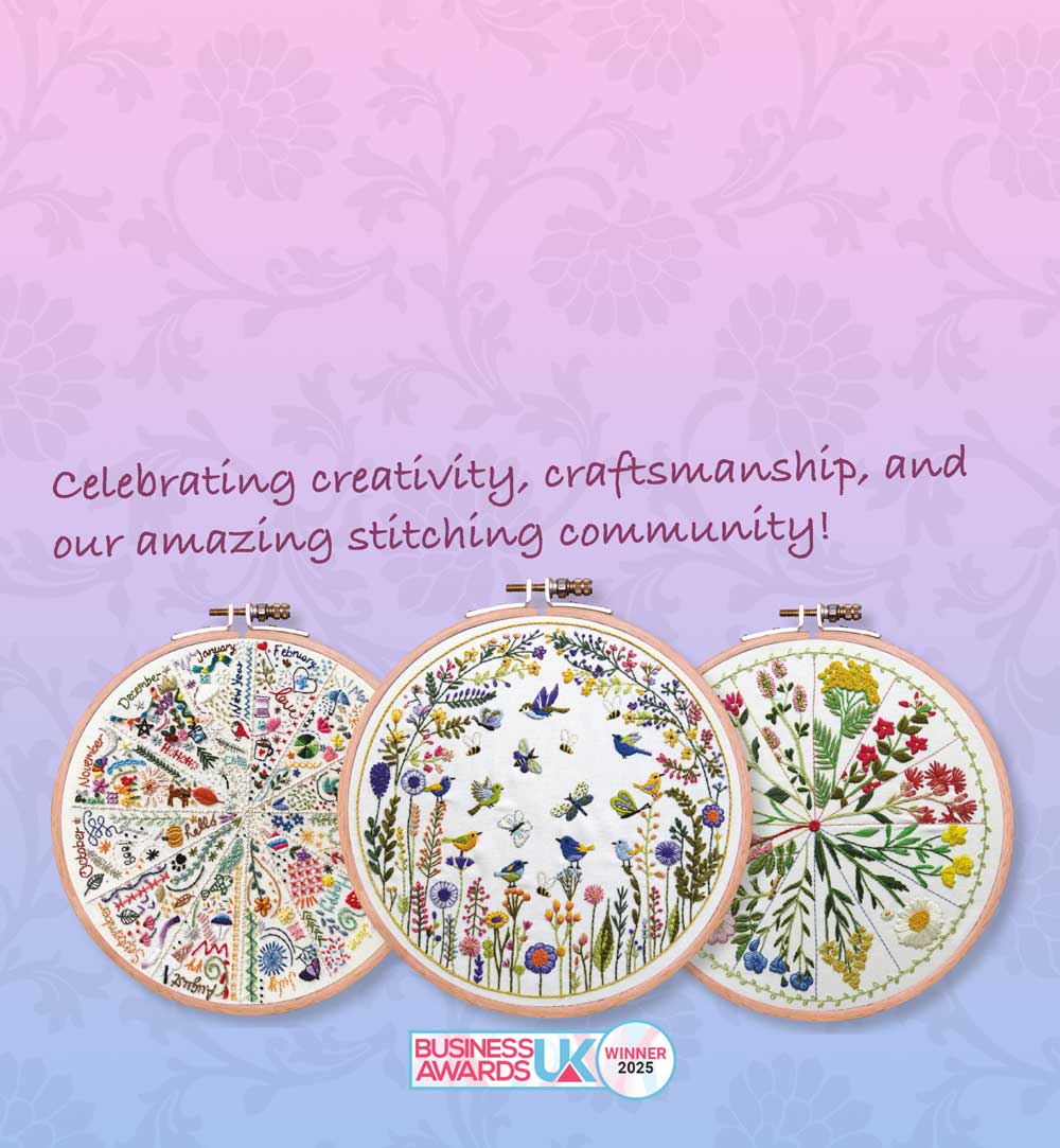 Three embroidery hoops with floral and nature-themed designs on a pink background, with text celebrating creativity and craftsmanship.