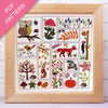 Framed embroidery pattern with nature-themed designs on a white background