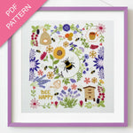 PDF pattern with bee and floral design on a white background