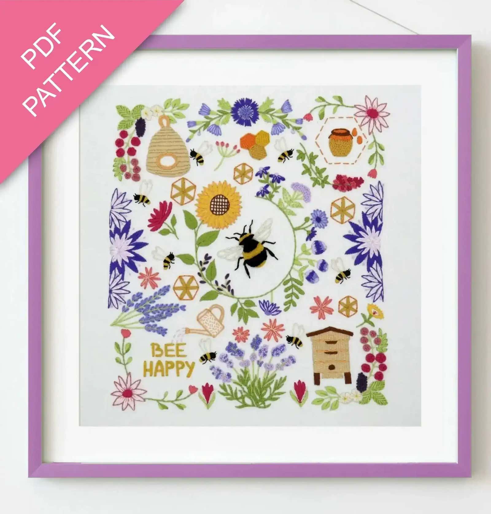 PDF pattern with bee and floral design on a white background