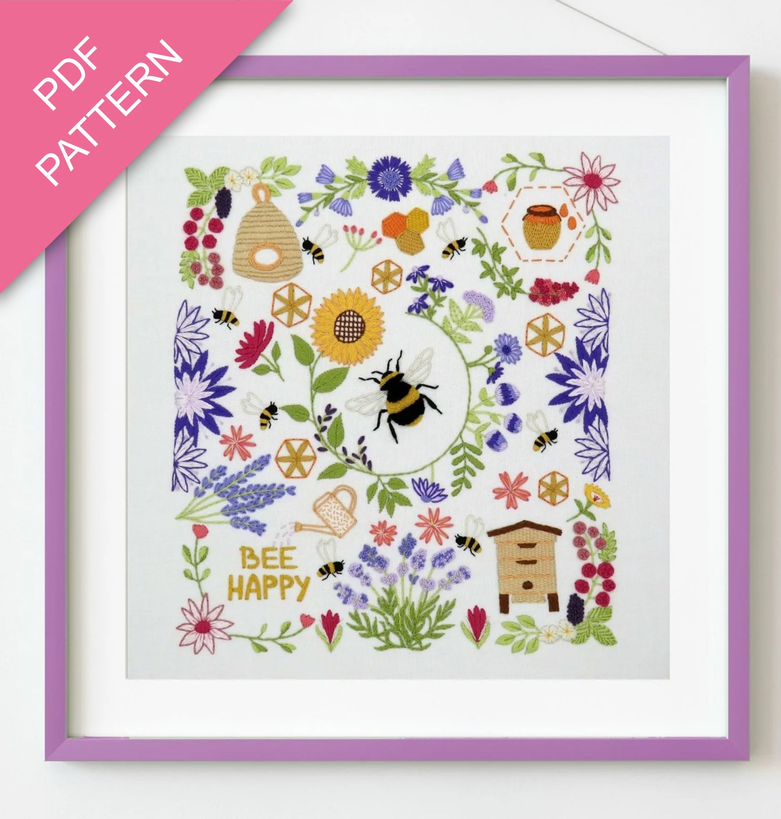 PDF pattern with bee and floral design on a white background