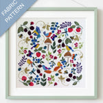 Framed fabric pattern with colorful birds, flowers, and leaves on a white background