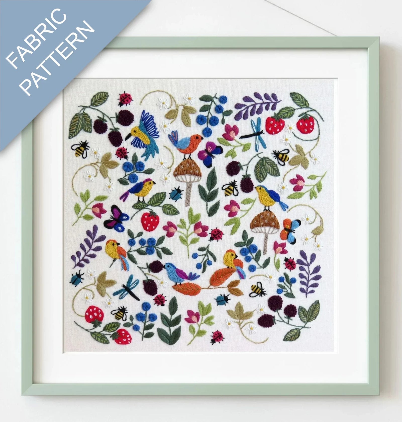 Framed fabric pattern with colorful birds, flowers, and leaves on a white background