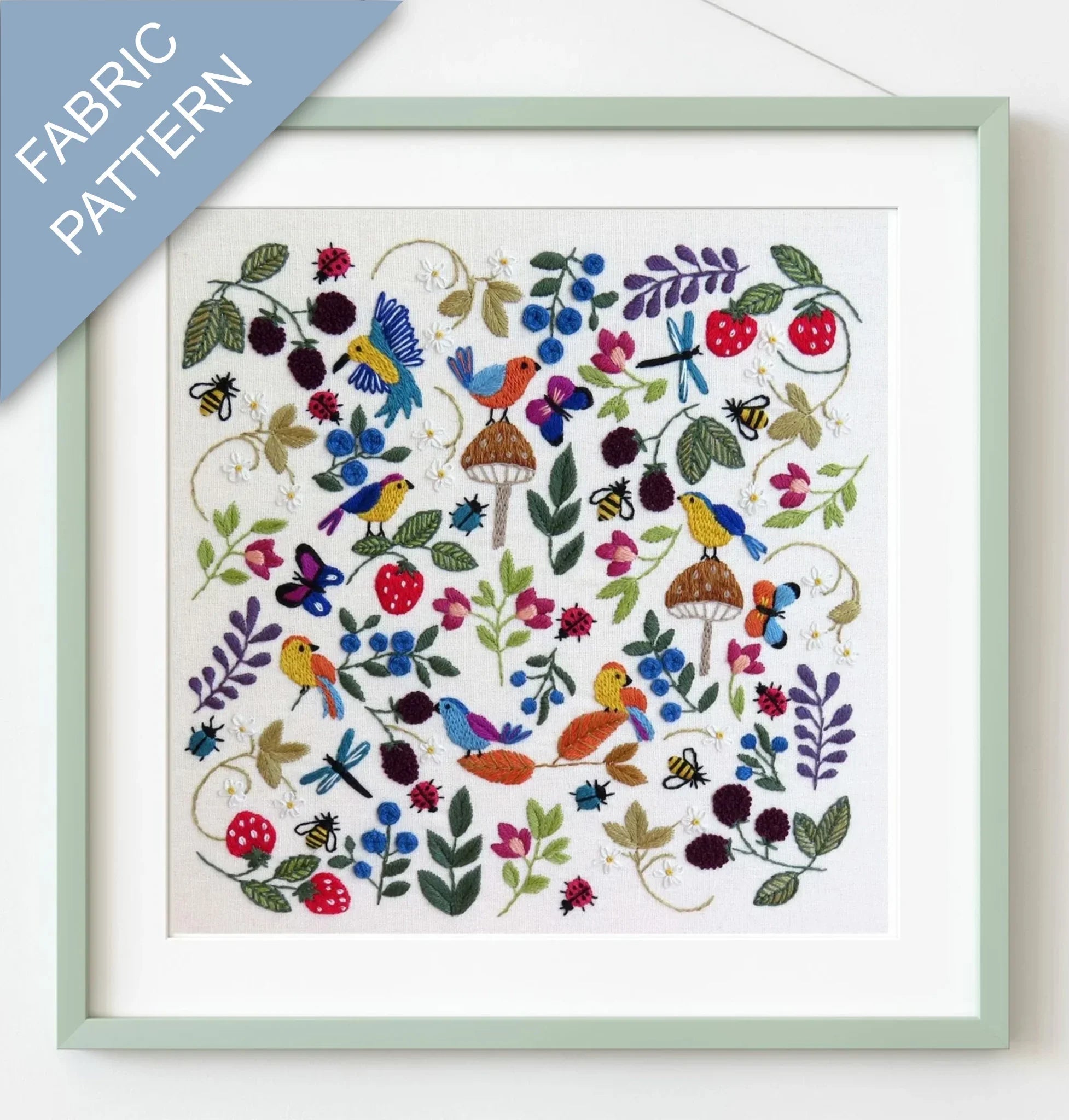 Framed fabric pattern with colorful birds, flowers, and leaves on a white background