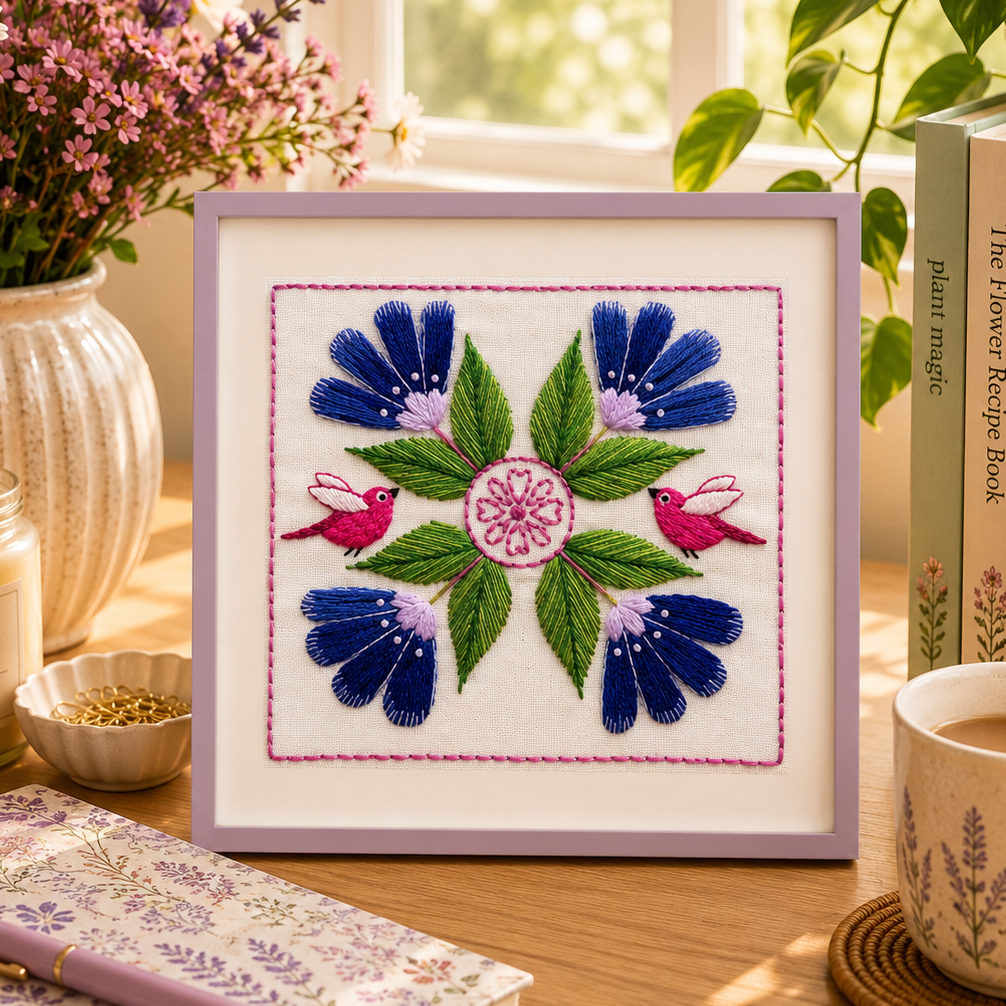 Framed cross-stitch embroidery of flowers and birds on a table with a notebook, pen, and cup.