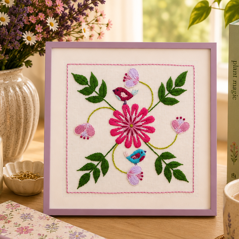 Embroidered floral design in a frame on a table with a candle, notebook, and cup of coffee.