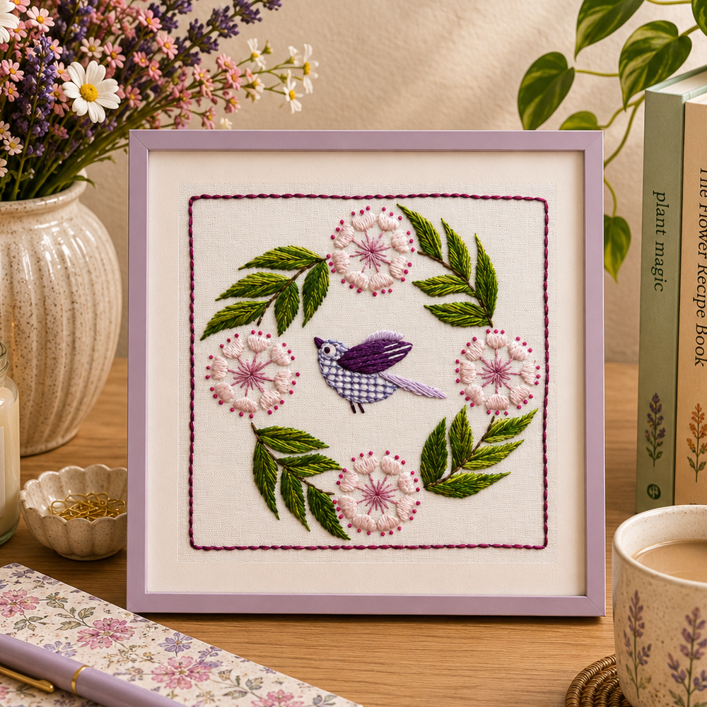 Framed cross-stitched artwork with flowers and a bird on a table with a cup of coffee, books, and flowers.