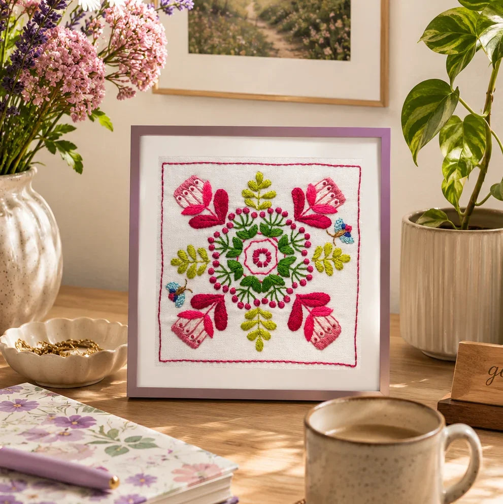 Botanical Bliss Design 3 Hand Embroidery Pre-Printed Fabric and PDF Pa ...