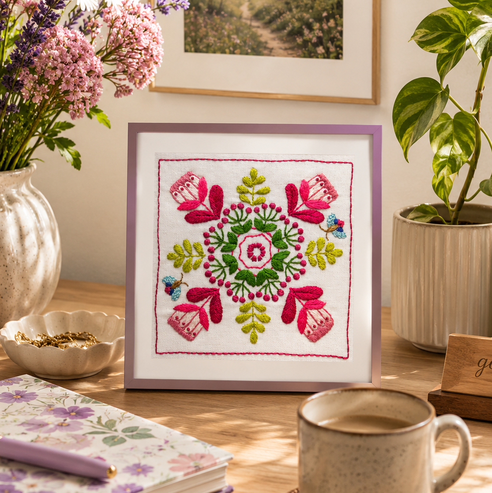 Decorative table setting with a framed floral embroidery, mug, notebook, and candles.