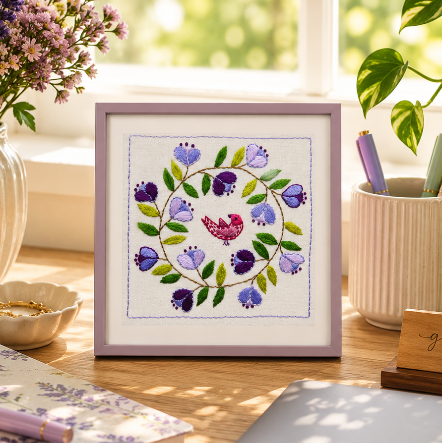 Decorative setup with a framed floral artwork, candles, and books on a wooden surface.