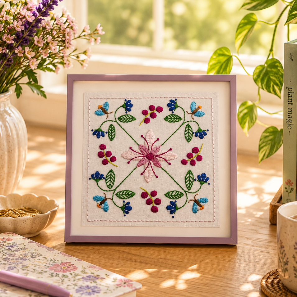 Framed floral embroidery on a wooden table with books, a candle, and a cup.