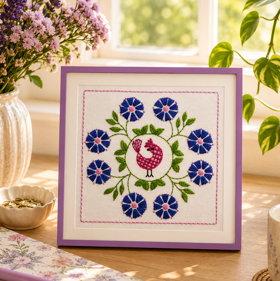 Decorative cross-stitch frame with flowers and a rooster on a table with a notebook, mug, and books.
