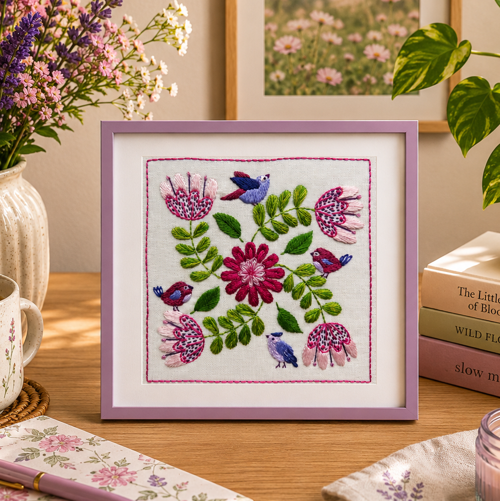 Framed cross-stitched floral design on a table with a mug, notebook, and candle.