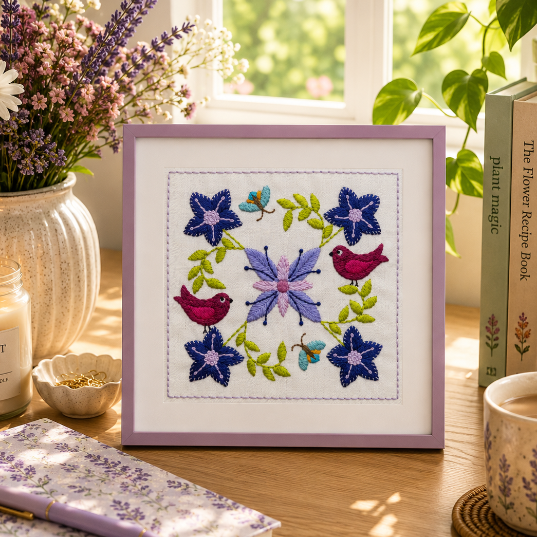 Framed cross-stitched artwork with flowers and birds on a table with books and a candle.