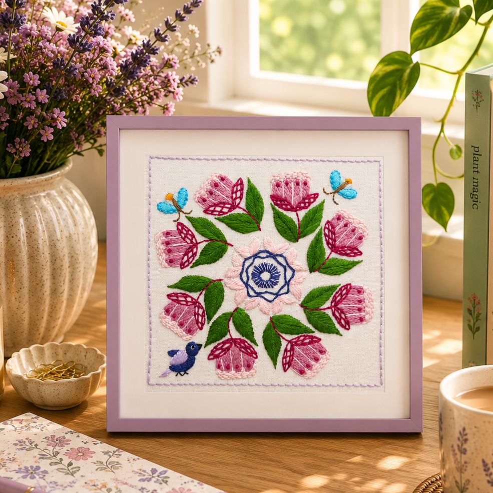 Framed floral cross-stitch on a desk with books, flowers, and a candle.