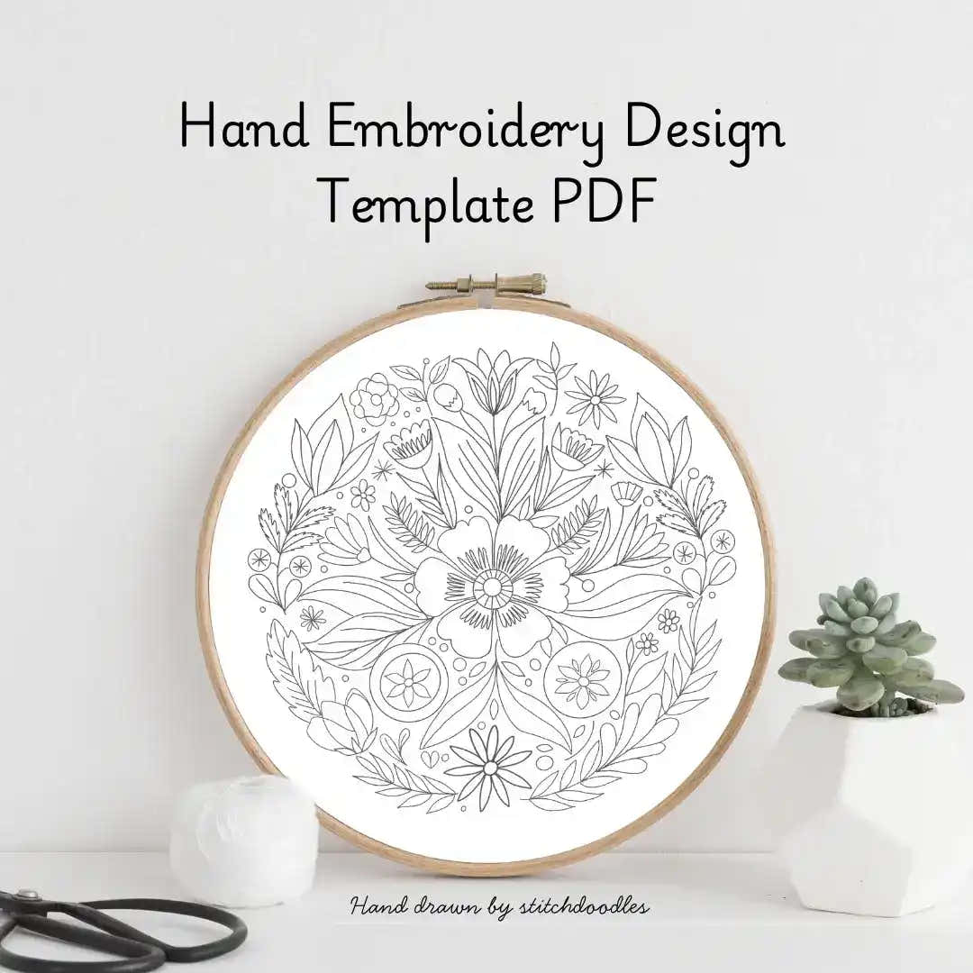 Hand embroidery design template PDF with floral pattern in an embroidery hoop on a white background.