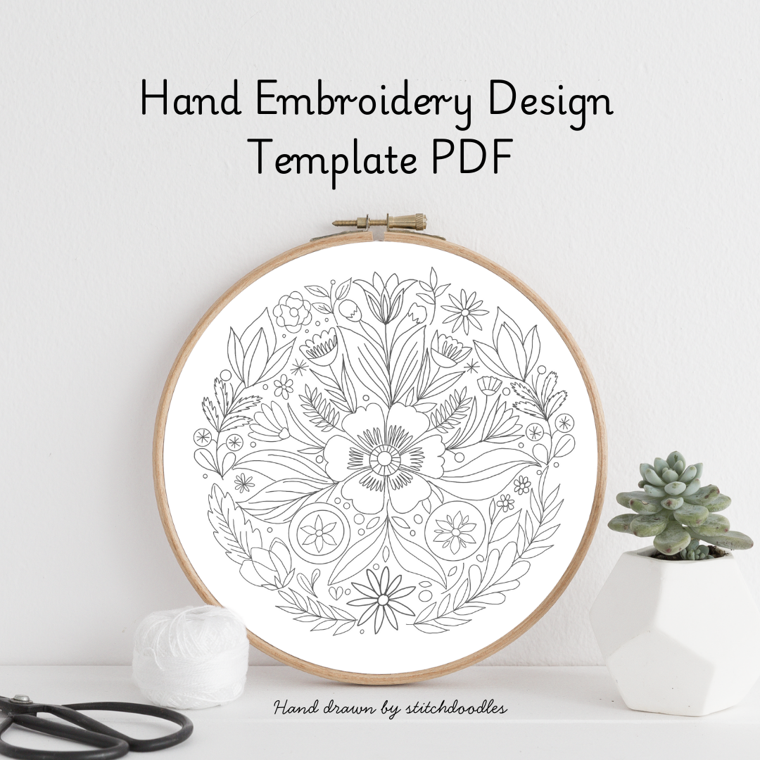 Hand embroidery design template PDF with floral pattern in an embroidery hoop on a white background.