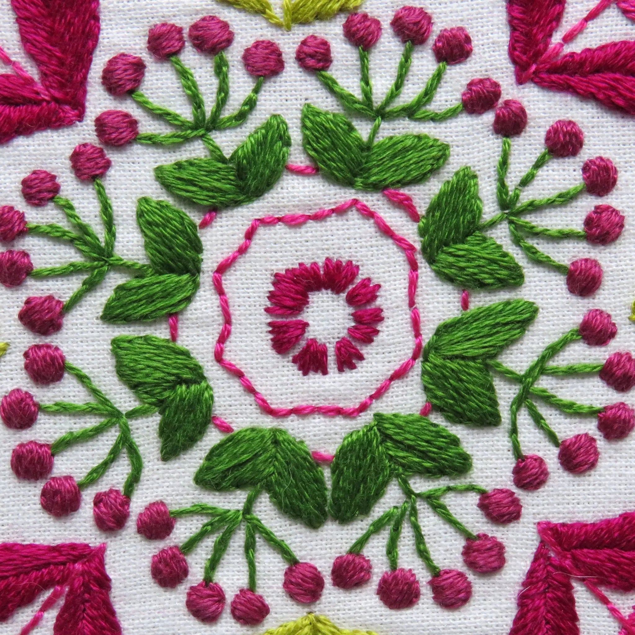Close-up of intricate embroidery with pink and green patterns on a white background