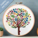 Embroidery hoop with a colorful tree design on fabric, against a gray background.