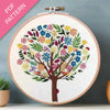 Embroidery hoop with a colorful tree design on a white background