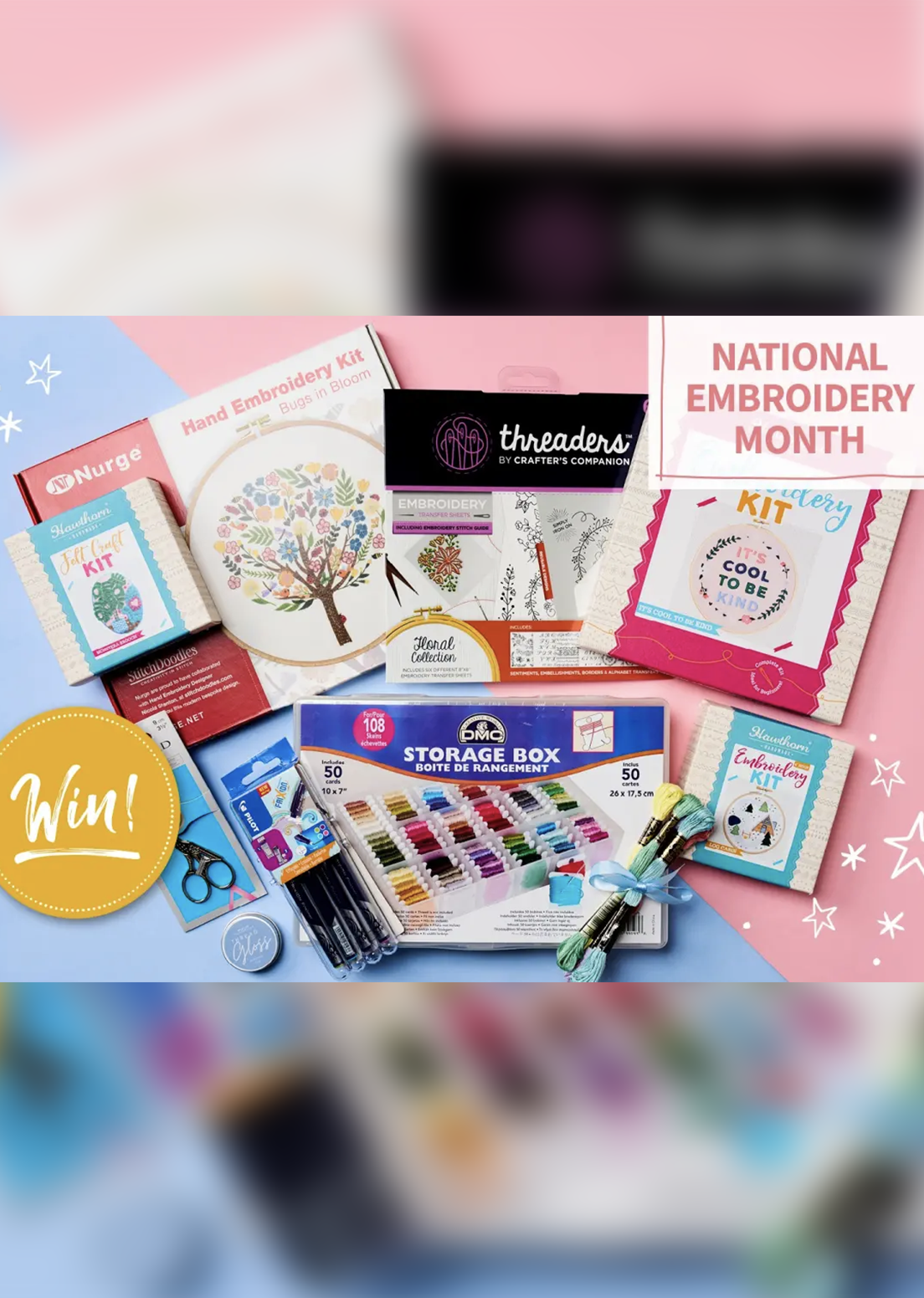 Embroidery supplies including Stitchdoodles Bugs In Bloom Kit, threads, needles, and kits on a pink background with 'National Embroidery Month' text.