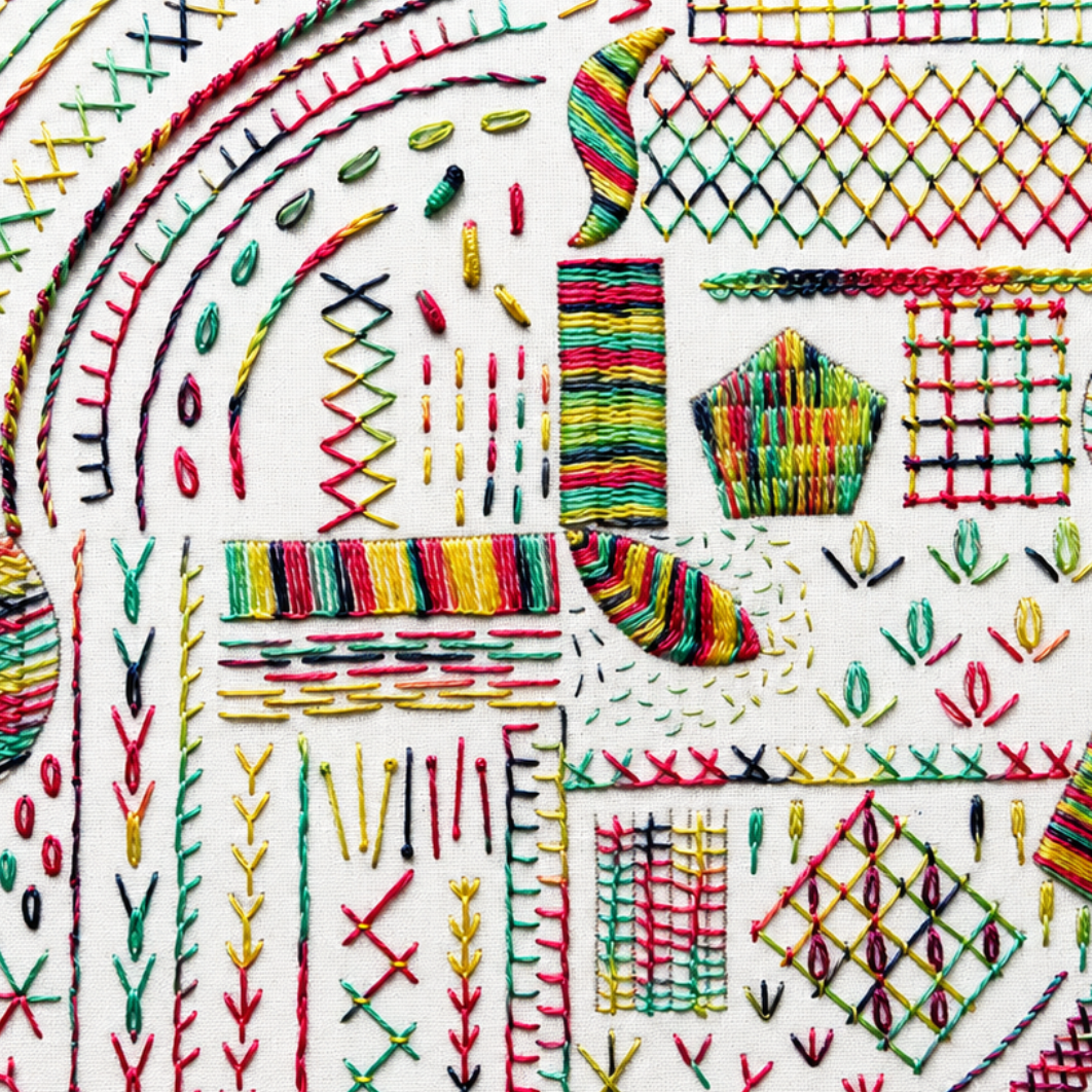 A circular multicolor embroidered textile artwork featuring geometric patterns, stripes, zigzags, and abstract shapes stitched in red, green, yellow, blue, and black threads on a white fabric background.