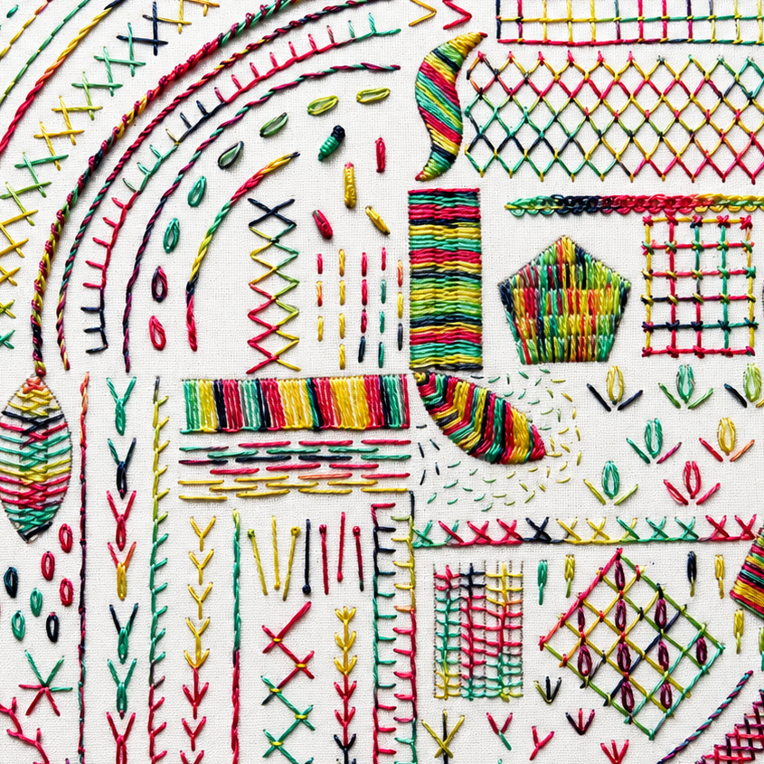 A circular multicolor embroidered textile artwork featuring geometric patterns, stripes, zigzags, and abstract shapes stitched in red, green, yellow, blue, and black threads on a white fabric background.