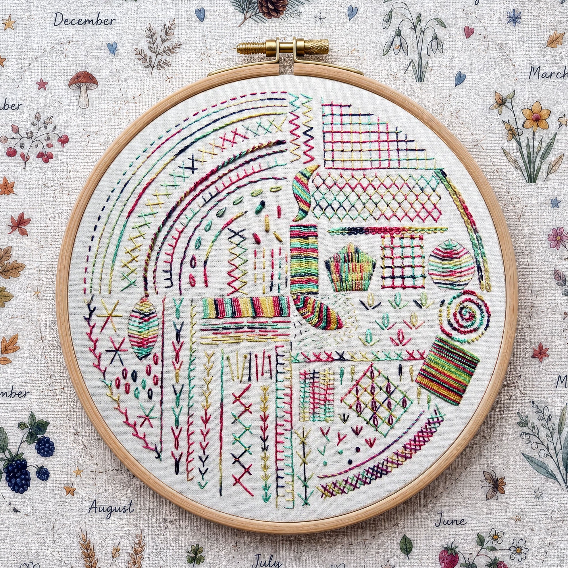 A round wooden embroidery hoop holding a colorful embroidered patchwork design on white fabric, placed on top of a matching illustrated fabric background with months and botanical prints.