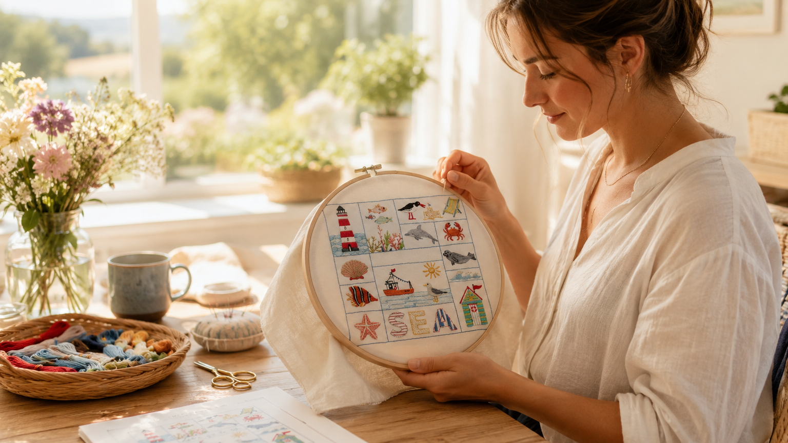 Woman holding a completed embroidery hoop in a bright room with flowers and a window in the background