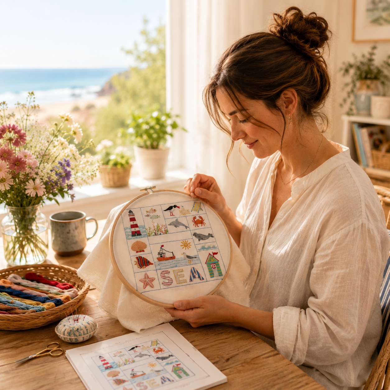 Woman working on a embroidery hoop with a scenic design in a bright room with natural light.