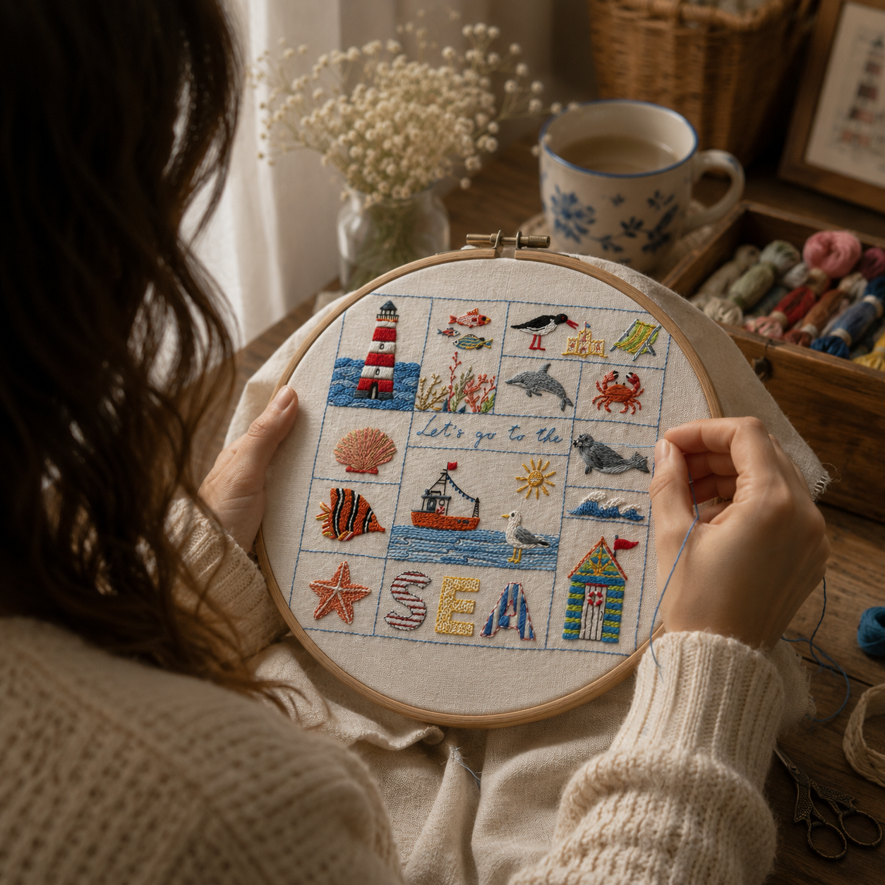 Person working on a cross-stitch project with a scenic design and 'Let's go to the sea' text.