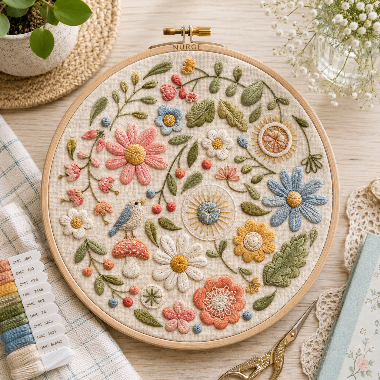 Embroidery hoop with floral design on a wooden surface with embroidery tools.