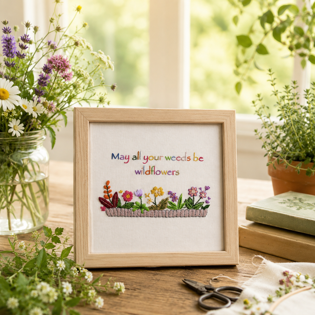 Framed artwork with floral design and text on a table with plants and scissors.