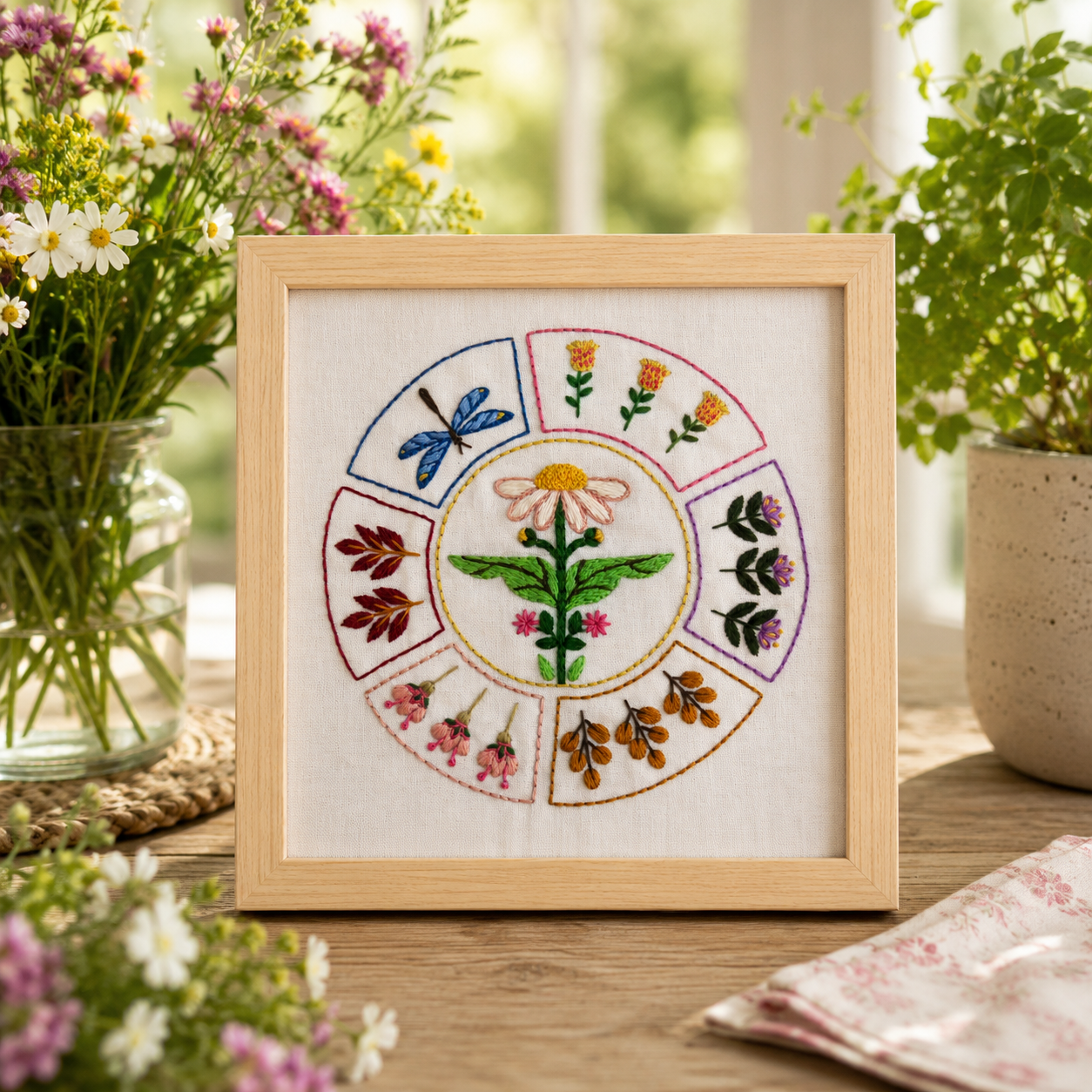 Framed embroidery of floral design on a wooden table with flowers and plants in the background