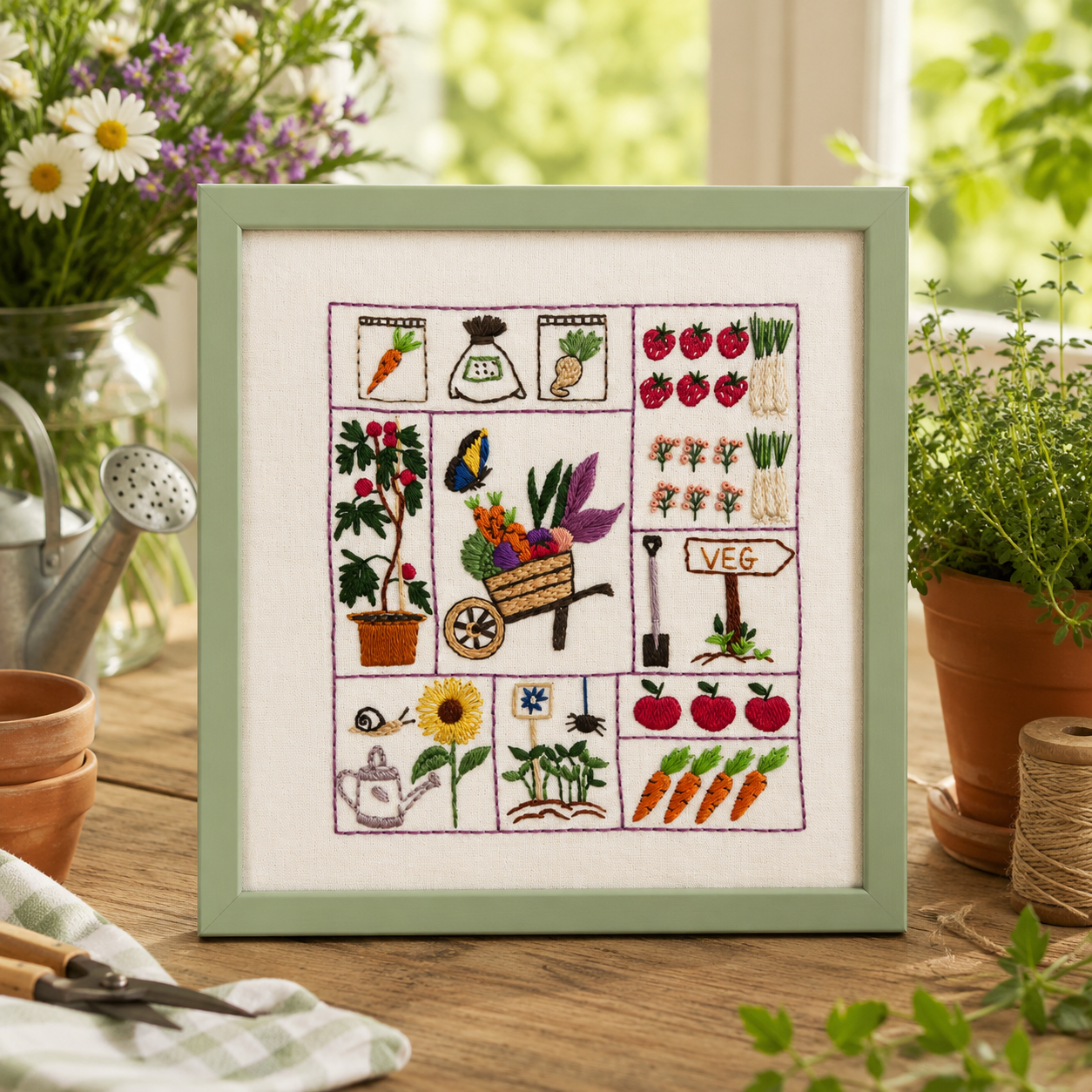 Framed cross-stitch embroidery of gardening-themed design on a wooden table with plants and tools.