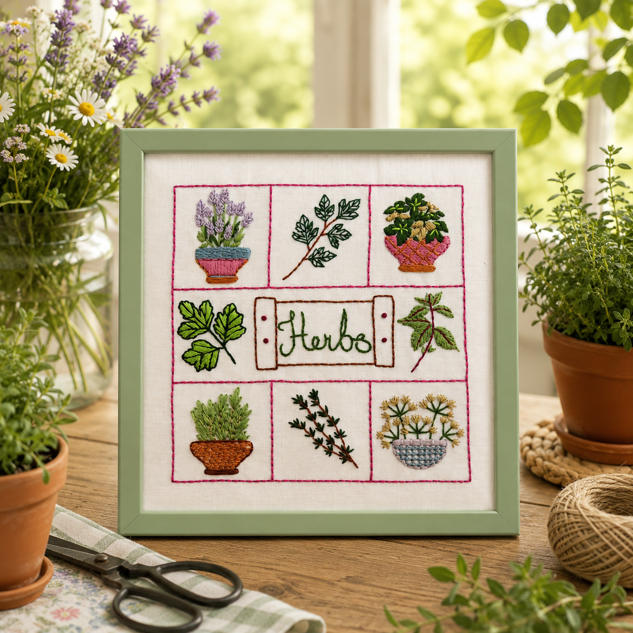 Embroidery of herbs in a green frame on a wooden surface with plants and scissors.