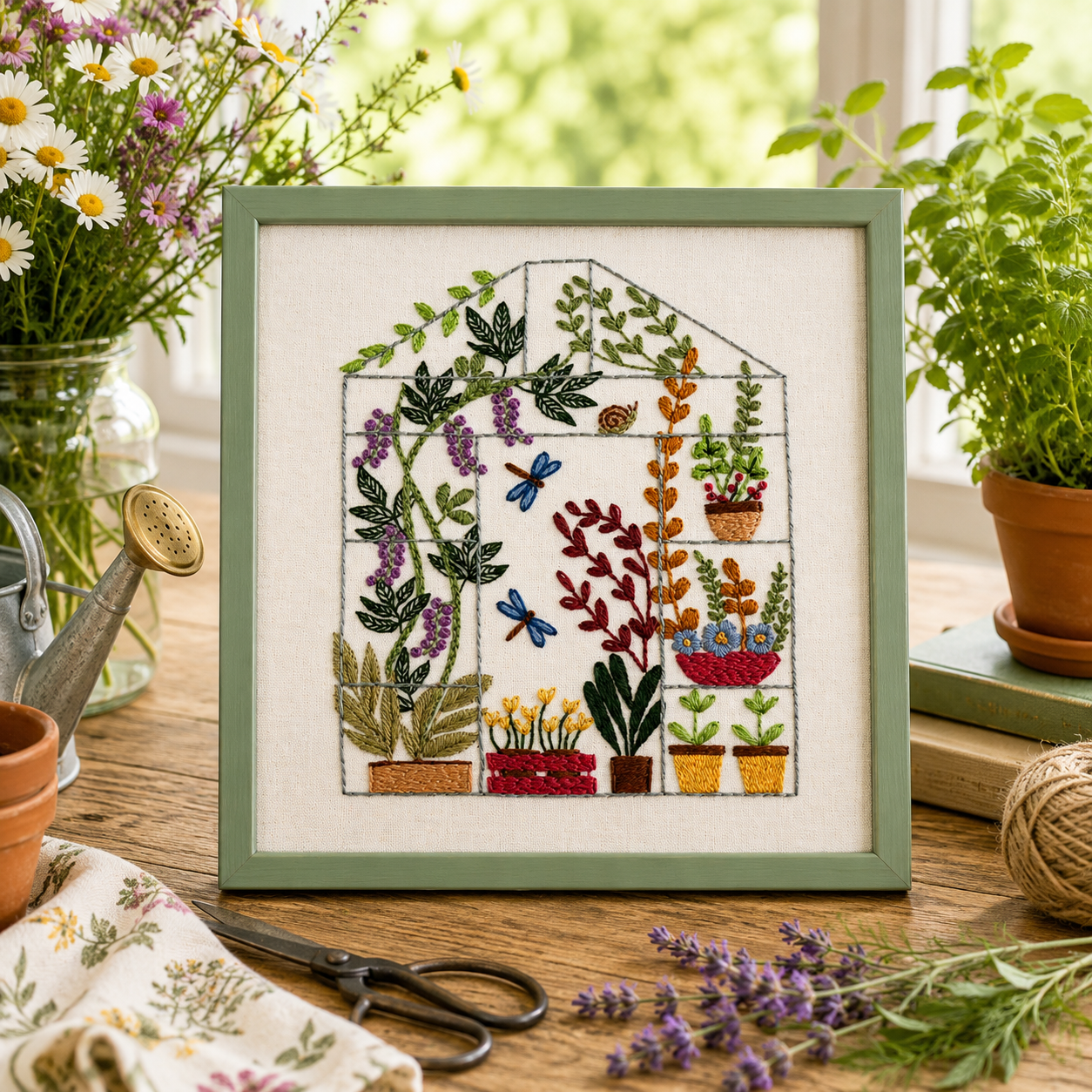 Embroidery of a greenhouse with plants on a wooden table with flowers and plants around.