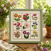 Framed embroidered floral design on a wooden table with plants and a cup in the background