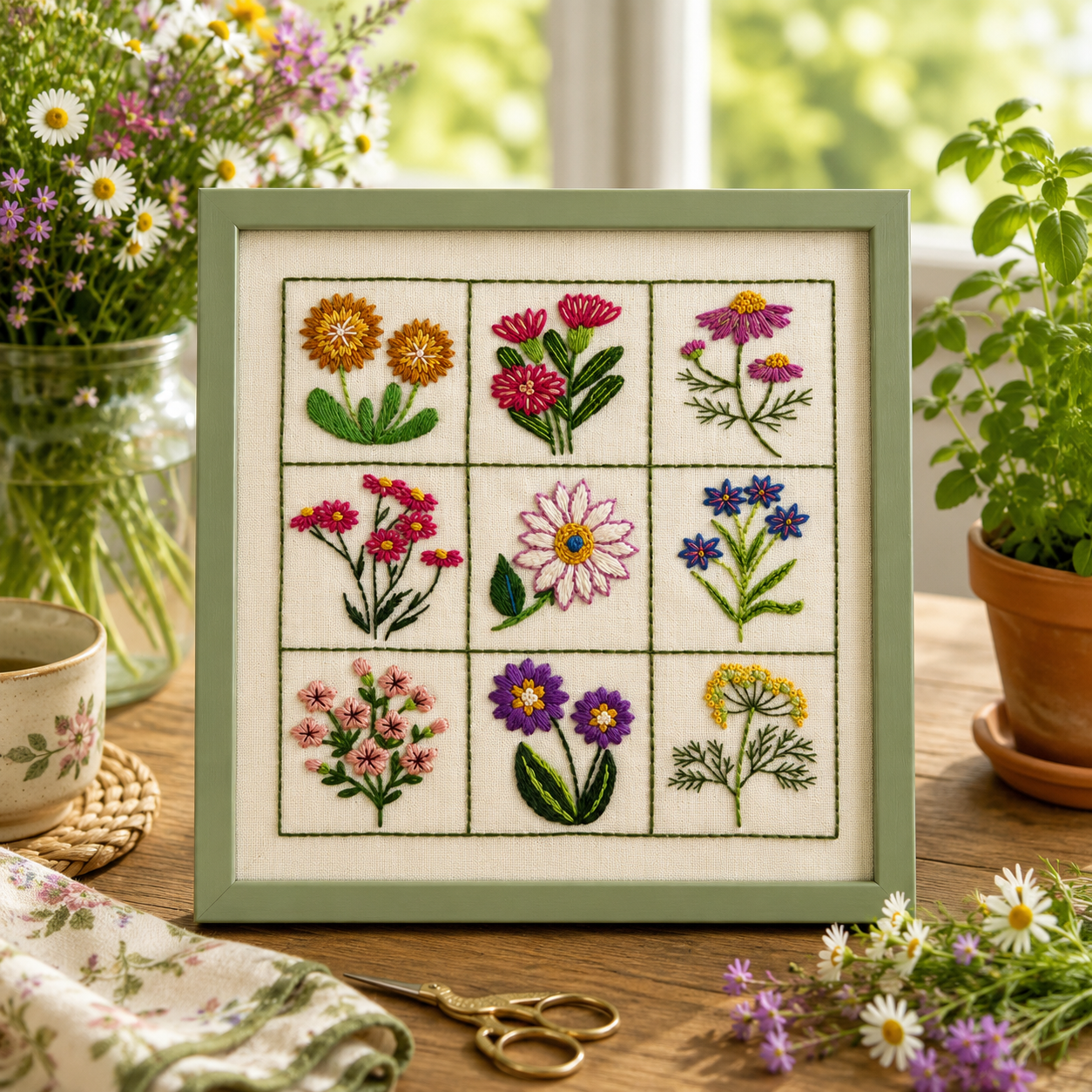 Framed embroidered floral design on a wooden table with plants and a cup in the background
