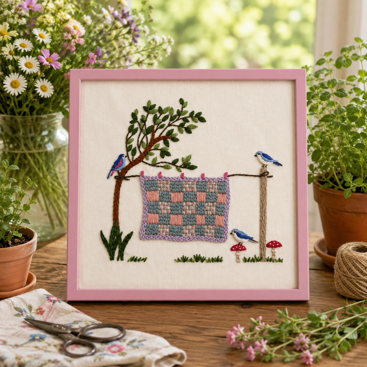 Embroidery of a garden scene with a tree, birds, and a checkered cloth, framed in pink.