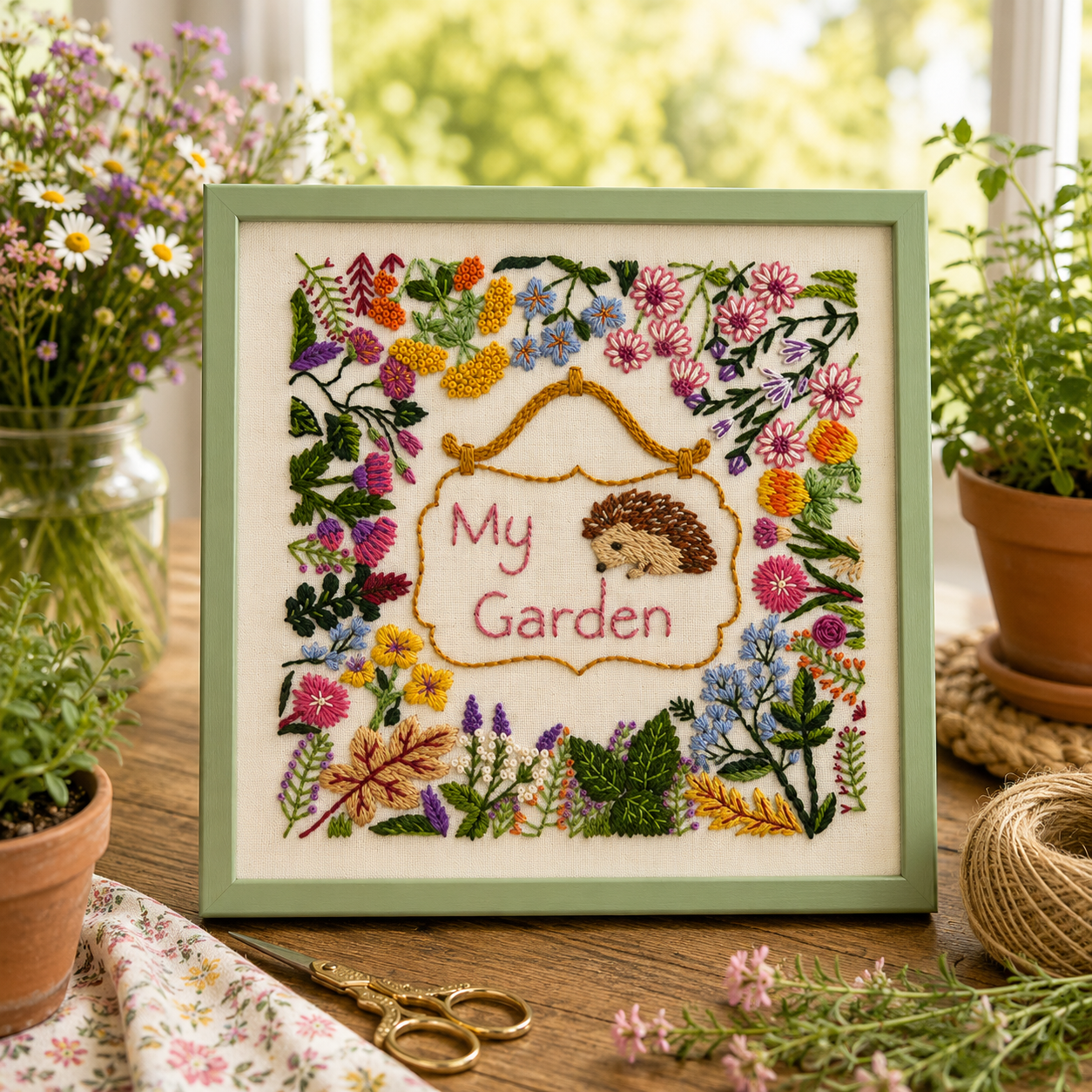 Embroidery with 'My Garden' text surrounded by floral patterns on a wooden table with plants and scissors.