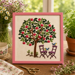 Embroidery of a tree with birds and chairs on a wooden table with plants and a teacup.