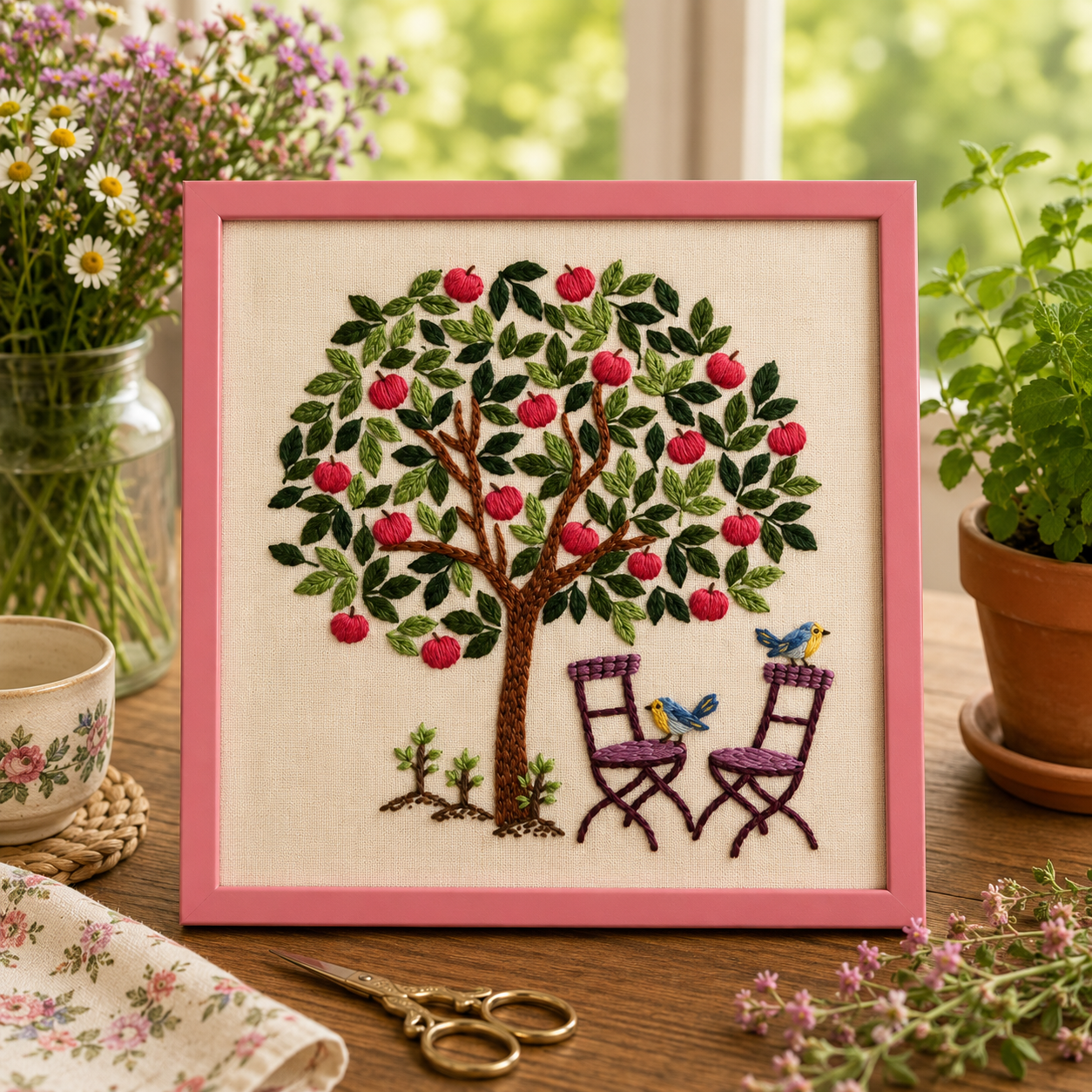 Embroidery of a tree with birds and chairs on a wooden table with plants and a teacup.