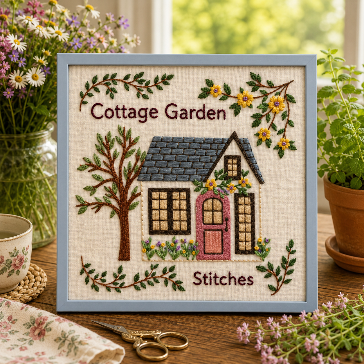 Embroidery of a cottage with 'Cottage Garden Stitches' text, surrounded by plants and flowers.