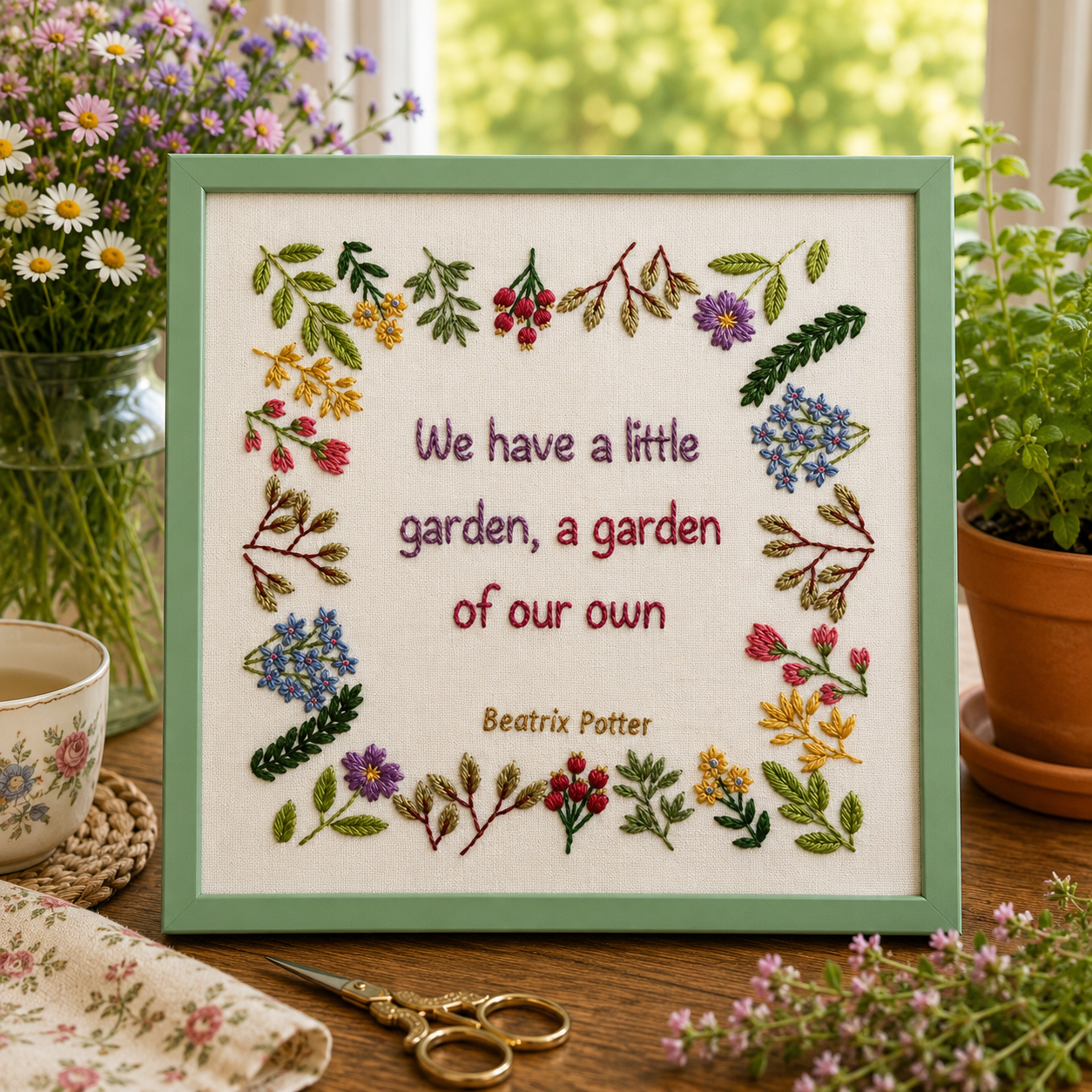 Embroidery with floral designs and text on a wooden table with plants and a cup.
