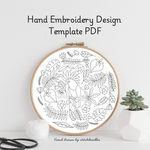 Hand embroidery design template PDF with hoop and plants on a white background
