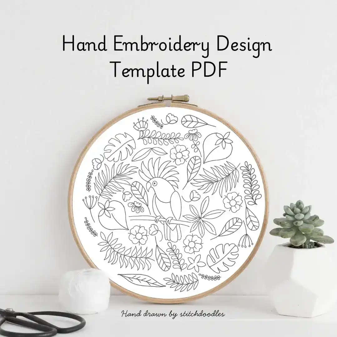 Hand embroidery design template PDF with hoop and plants on a white background