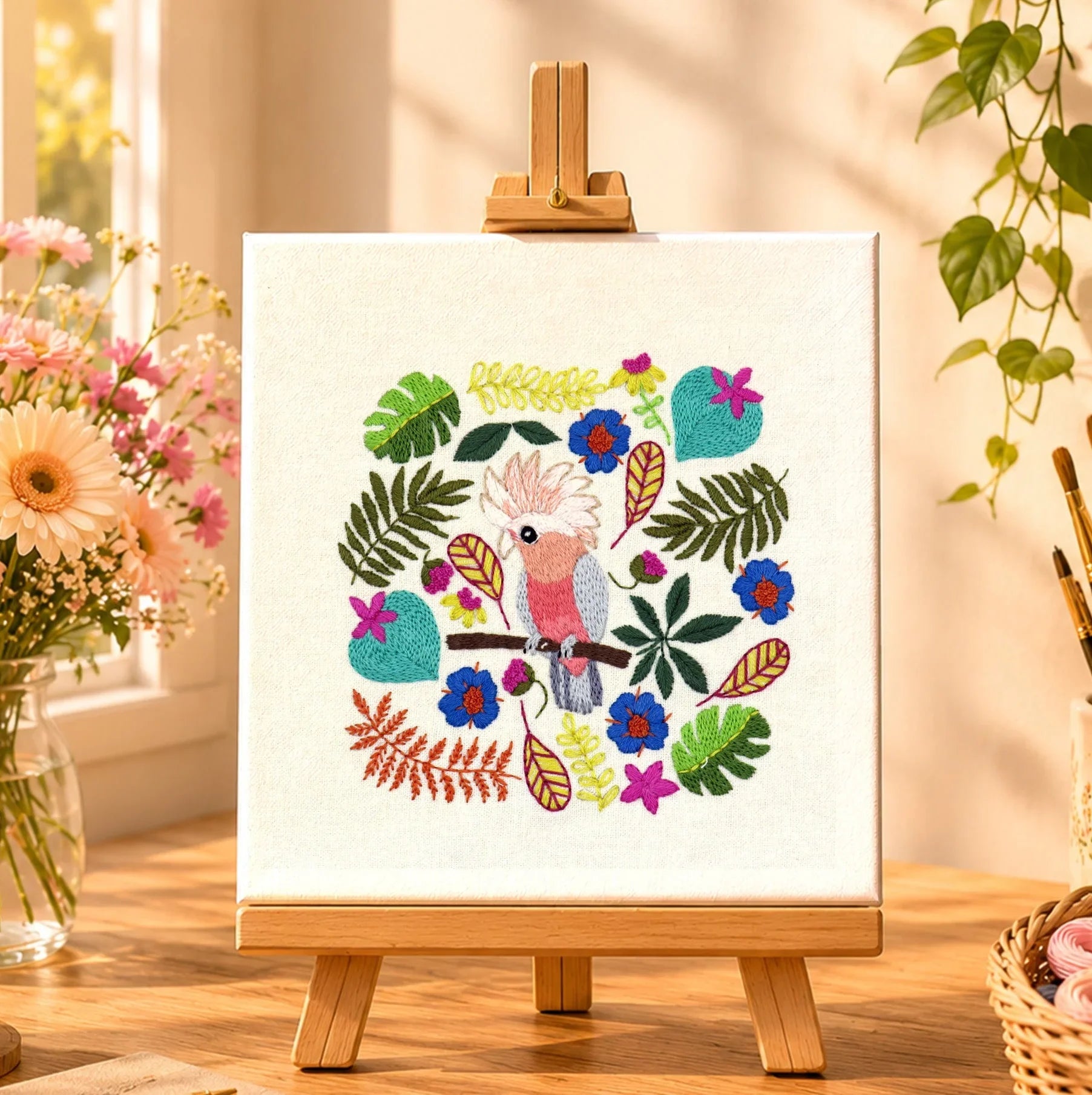 Colorful artwork on a small easel with a cup, notebook, and flowers in the background.