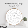 Hand embroidery design template with dogs and paw prints in an embroidery hoop on a white background.